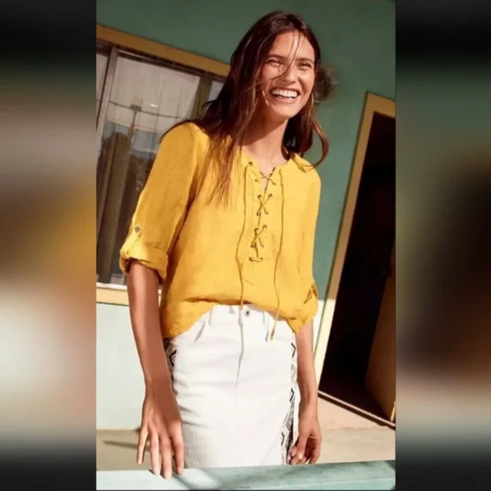 Maeve Anthropologie Blouse Marva Lace-Up Linen Gold Yellow Roll Tabs Size 2